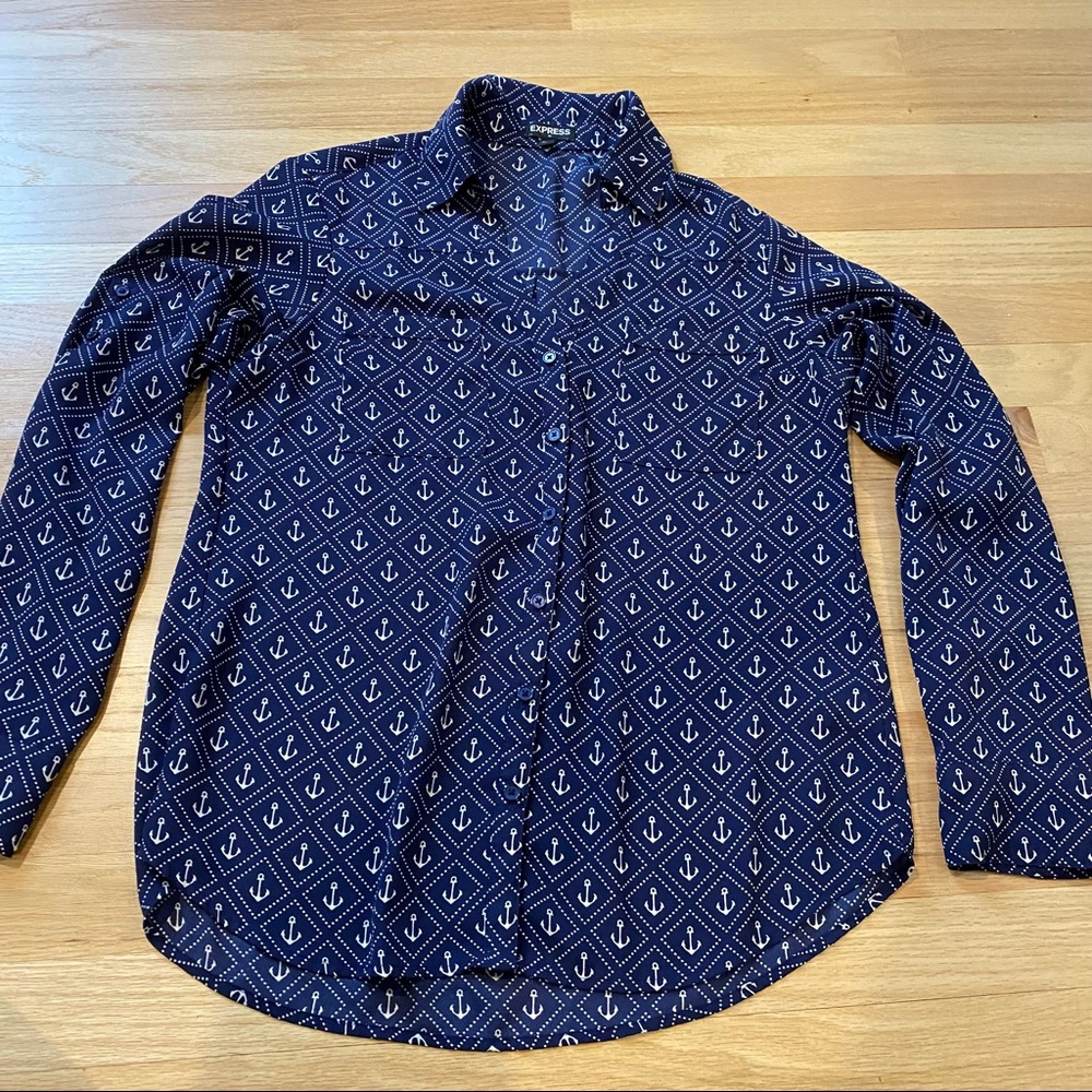 Express Navy and White Patterned Blouse